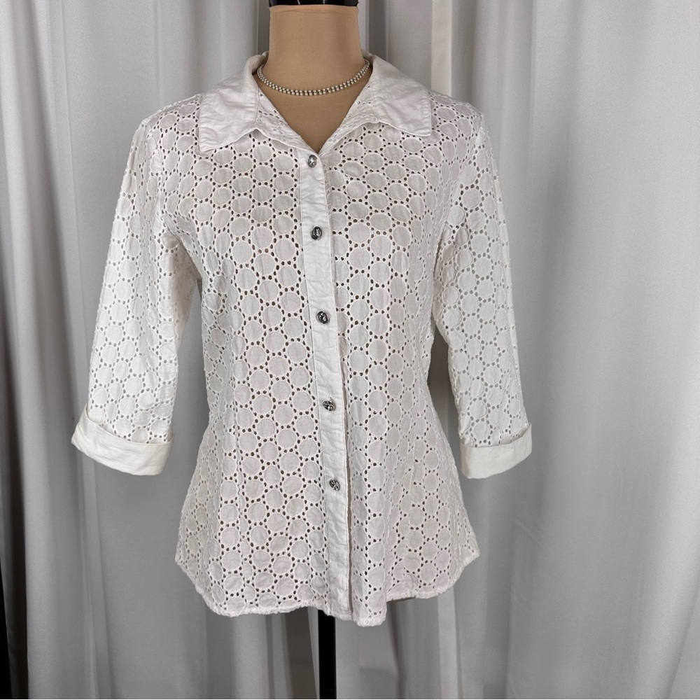Birch Hill Button Down Top Sz S White Eyelet‎ Lace Blouse 3/4 Sleeve Rhinestone